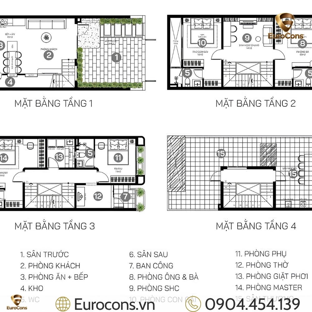 Mẫu thiết kế nhà phố 4 tầng 5x15m