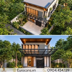 Đây là hình ảnh thực tế của ngôi nhà, bạn hãy tạo cho tôi bức ảnh, là hình thiết kế 3d của ngôi nhà. tạo hình ảnh vuông và trong ảnh đó có 2 góc chụp(góc trên cao nhìn xuống, và góc trực diện). tạo ảnh thiết kế xung quanh nhà là cây cối, thay vì ảnh thực tế xung quanh nhà là nhà hàng xóm. ok tạo ảnh với yêu cầu tôi đi