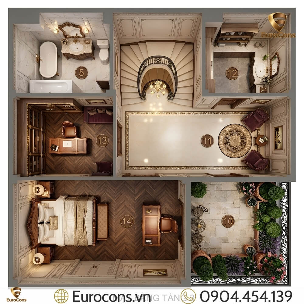 Bản vẽ mặt bằng nhà phố 3 tầng 5x24 cổ điển Pháp Eurocons