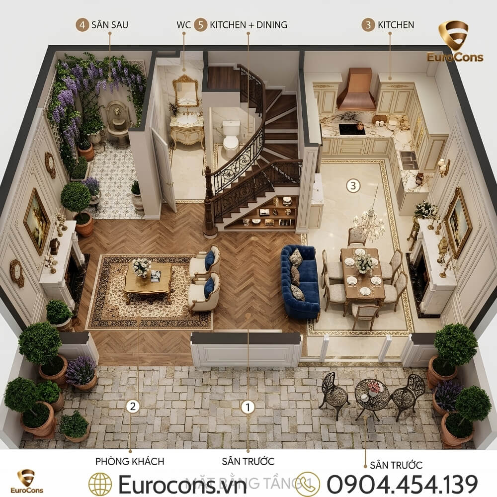 Bản vẽ mặt bằng nhà phố 3 tầng 5x24 cổ điển Pháp Eurocons