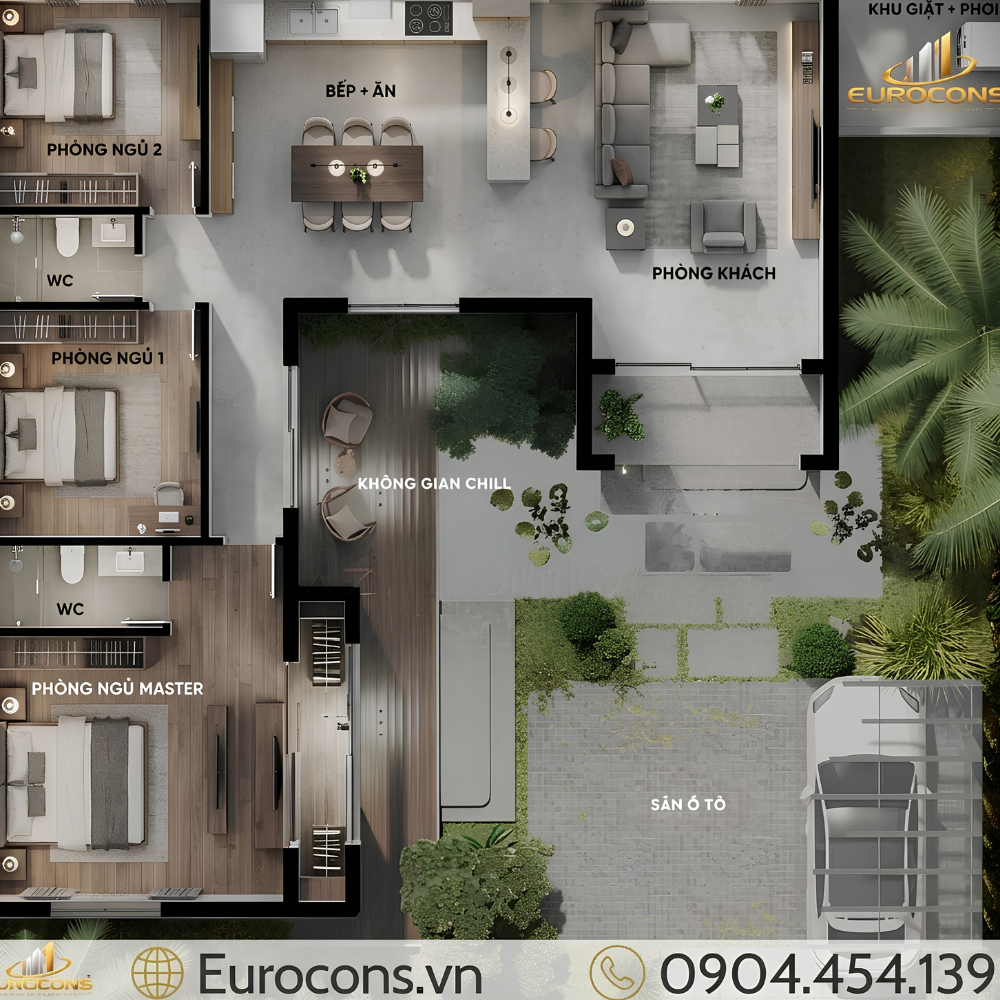 mẫu nhà cấp 4 140m2 phong cách nghỉ dưỡng
